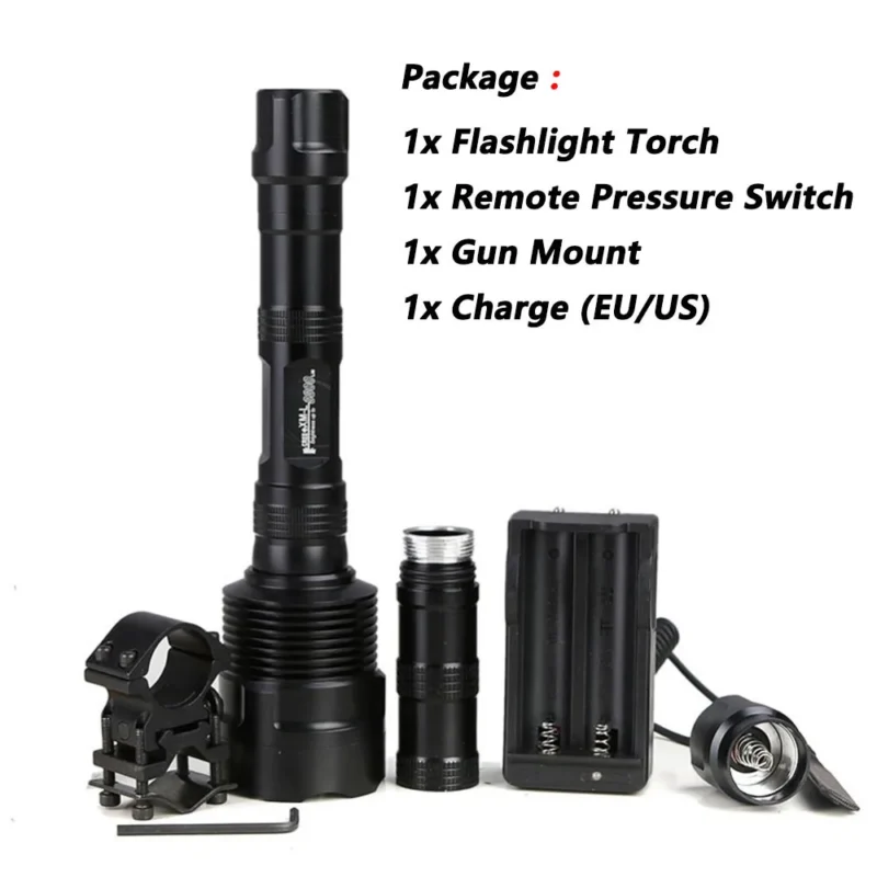 Anjoet 6000LM Hunting Tactical Flashlight 3xT6 LED Torch with Battery, Charger, Remote Switch, and Gun Mount - Image 9