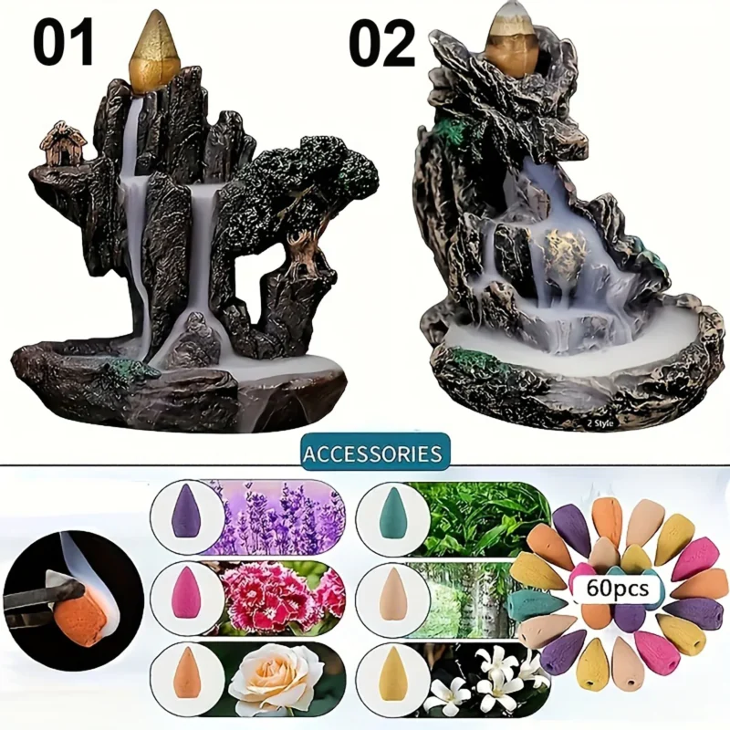 1 PC Mountains River Waterfall Backflow Incense Burner with 60 Incense Cones - Image 3