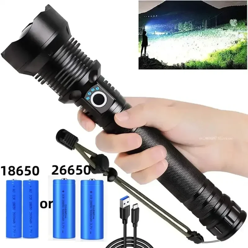 Rechargeable 90000 Lumens LED Flashlight - Super Bright, Zoomable, Waterproof, 3 Modes