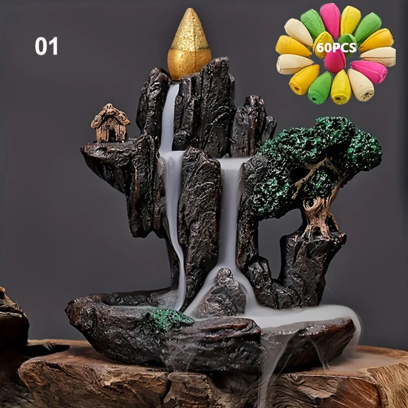 1 PC Mountains River Waterfall Backflow Incense Burner with 60 Incense Cones - Image 8