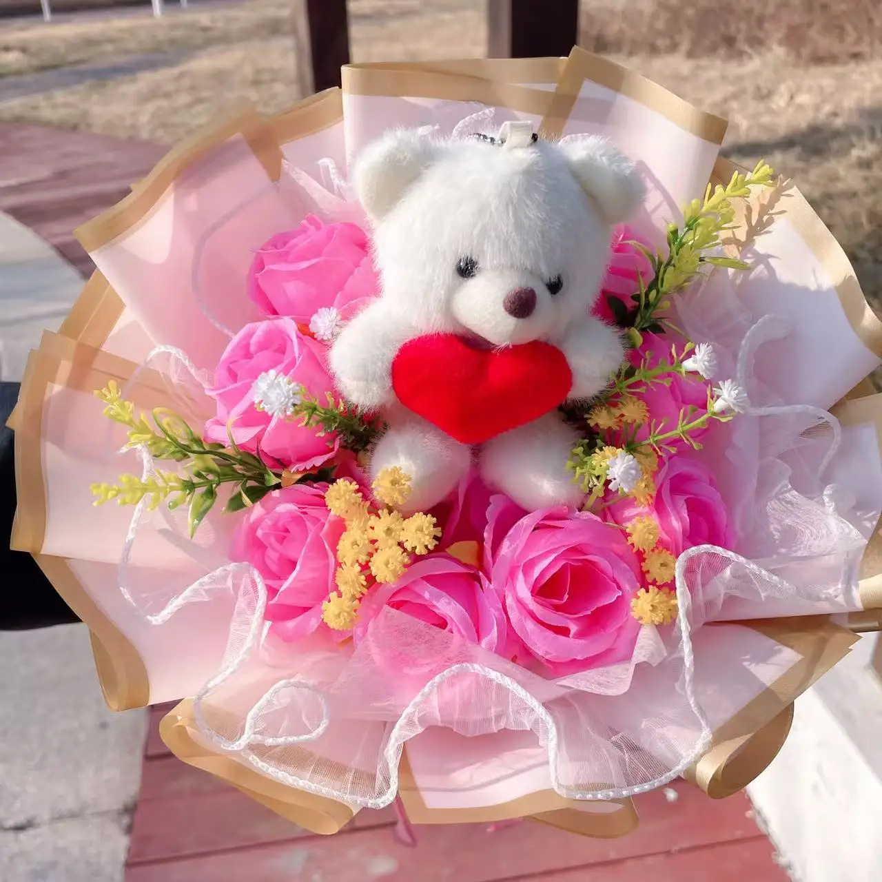Lovely Teddy Bear Heart Bouquet with Artificial Flowers – Romantic Gift for Valentine’s & Mother’s Day - Image 6